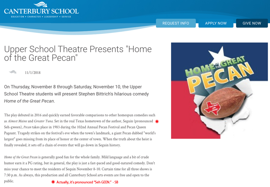 Home of the Great Pecan by Stephen Bittrich performed at Canterbury School